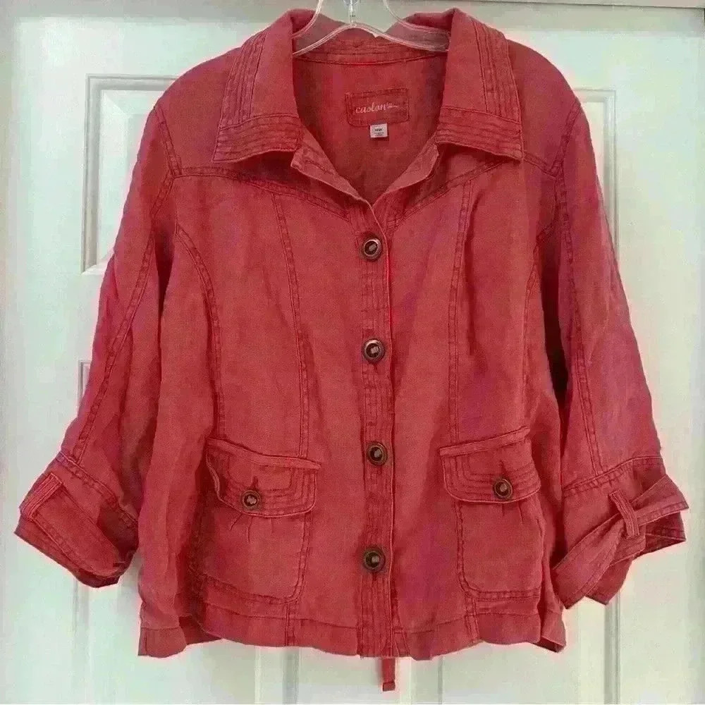Caslon 100% Linen Lagenlook Utility Jacket Berry Red Button Down Size‎ 18